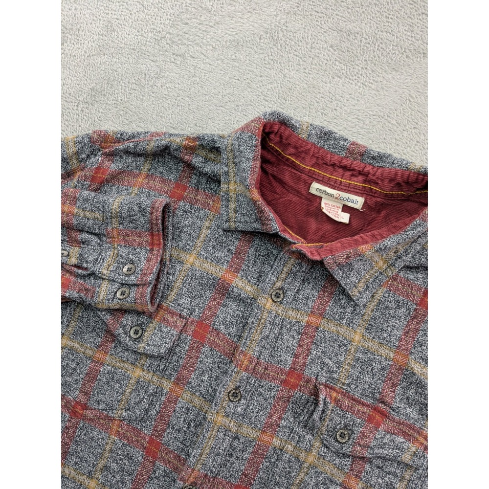 Carbon 2 Cobalt Mens Large Flannel Shirt Plaid Red Gray Cotton Corduroy Trim